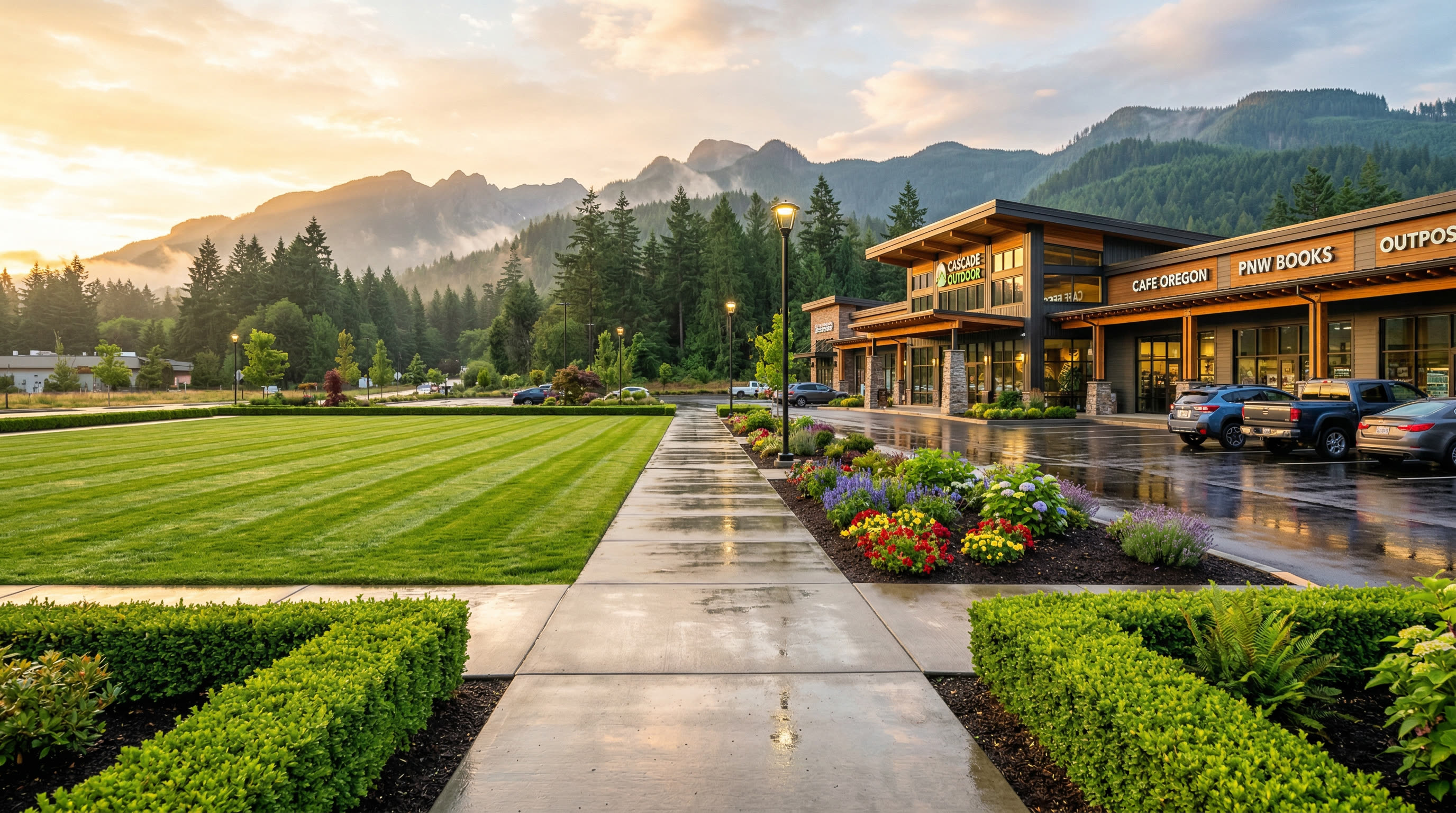 Pristine commercial property maintained by ManageMowed in the Greater Seattle